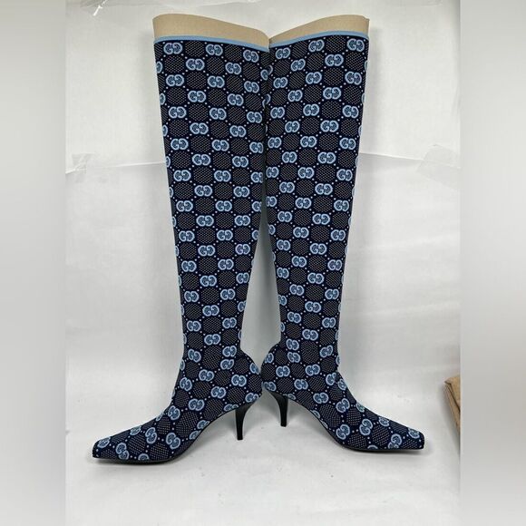 Gucci GG Knit Knee High Demi Boots Heels Blue 36.5 / 6.5 - Picture 4 of 9